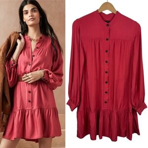 Banana Republic Womens Flounce Hem Dress Sz S Pink Long Sleeve Button Down Flowy